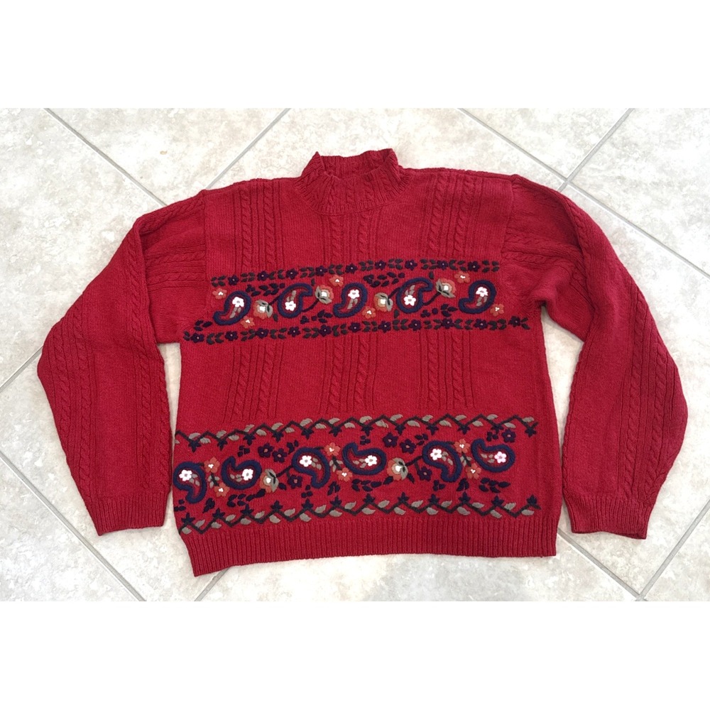 Talbots Red Cable Knit Embroidered‎ Floral Paisley Mock Neck Sweater Womens